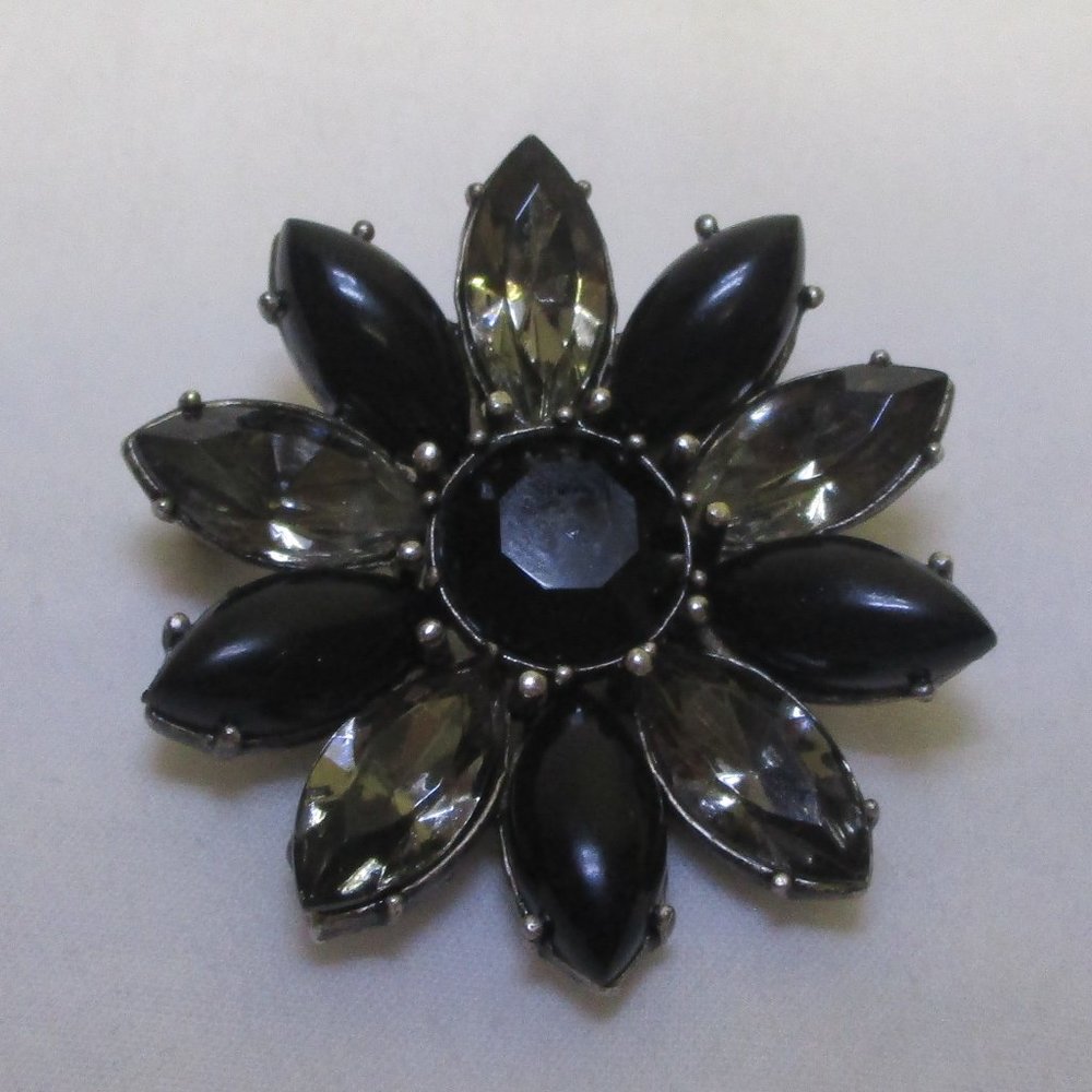 Vintage Flower Brooch Black Glass Smokey Rhinestone Navette Petals Silver